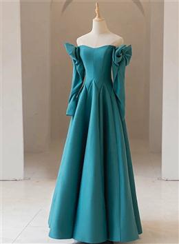 Picture of Teal Blue Long Sleeves with Bow A-line Sweetheart Formal Dresses, Teal Blue Evening Dresses